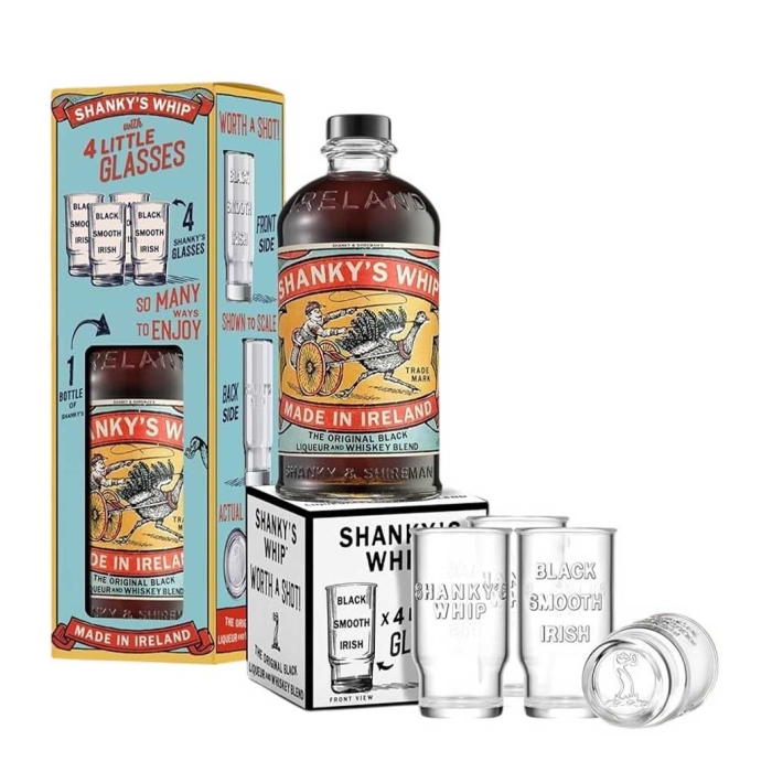 SHANKY'S WHIP BLACK WHISKEY LIQUEUR 700ML GIFT PACK (4 SHOTS)
